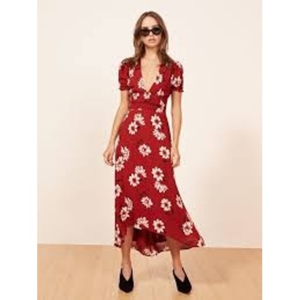 Reformation Dress Womens Red Floral Addy V-Neck Smocked High-Low Midi Daisy